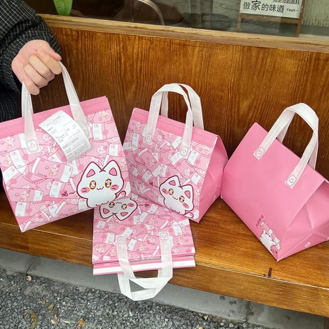 100 TÚI GIỮ NHIỆT MÀU HỒNG IN HÌNH MÈO - (Giá của 100 túi)