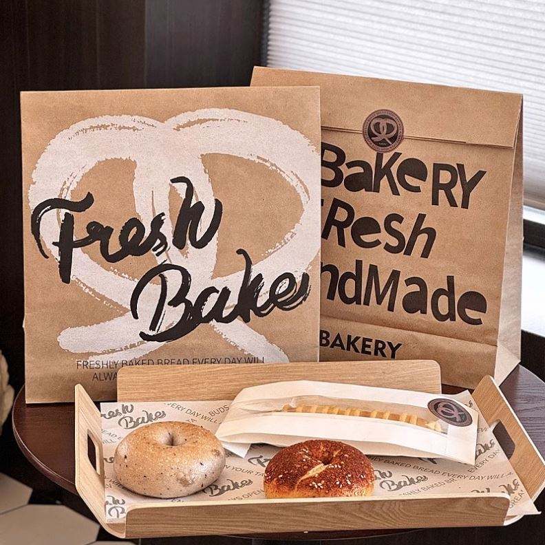 100 Túi giấy kraft đựng bánh mì, bánh ngọt phong cách Bakery vintage – túi tote giấy in chữ Fresh Bake cao cấp