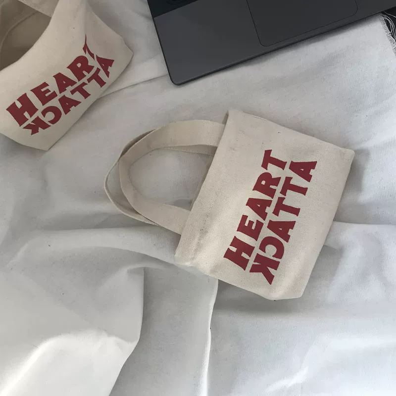 10 Túi Tote Mini Vải Canvas "Heart Attack" - Túi Xách Tay Đựng Đồ Trang Điểm, Điện Thoại Phong Cách Hàn Quốc