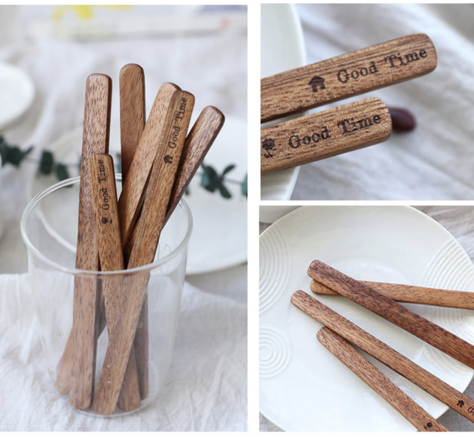 50 Thanh Khuấy Cà Phê Gỗ Tự Nhiên – Que Khuấy Mật Ong, Đồ Uống Khắc Chữ "Good Time" Decor Vintage