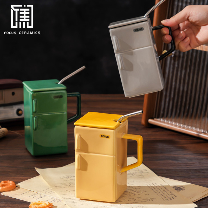 Cốc sứ tủ lạnh cổ điển – Có nắp, ống hút, thiết kế ngộ nghĩnh – Quà tặng cho cặp đôi, dùng cà phê tại văn phòng