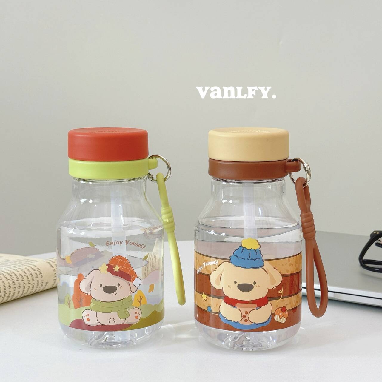 2 Bình nước hoạt hình dễ thương mới – Hai kiểu uống, tiện lợi – Dành cho học sinh và trẻ nhỏ – Họa tiết thú cưng đáng yêu, cao cấp bắt mắt