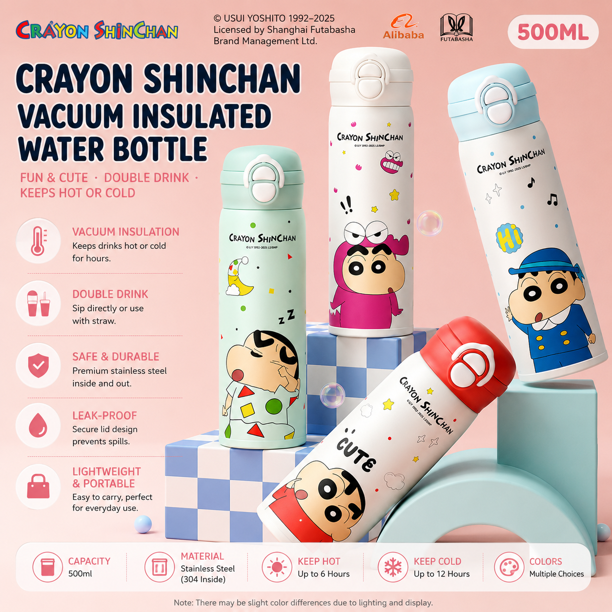 Bình giữ nhiệt Shinnosuke – Lòng 316, hai kiểu uống, có ống hút – Cao cấp dành cho học sinh đi học
