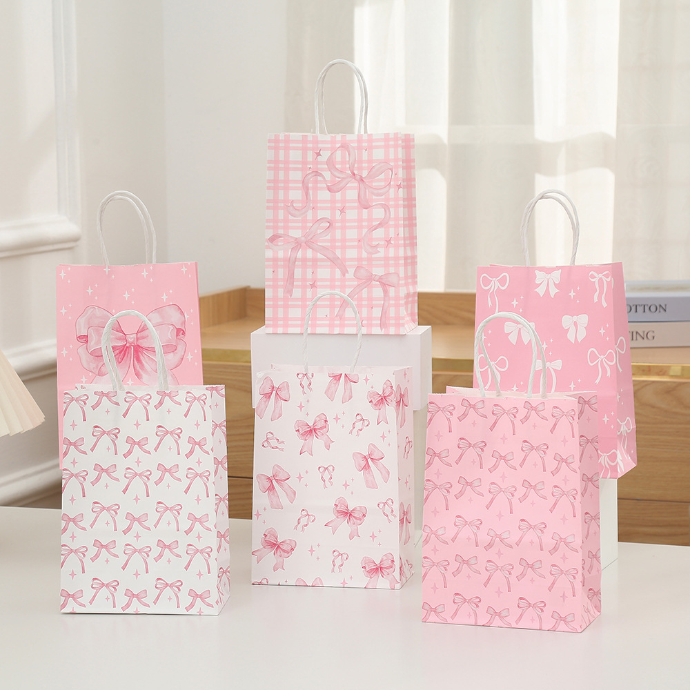 100 Túi quà hồng Valentine – In hình nơ bướm, tay xách – Chất giấy kraft, dùng cho cửa hàng, gói quà 7/7